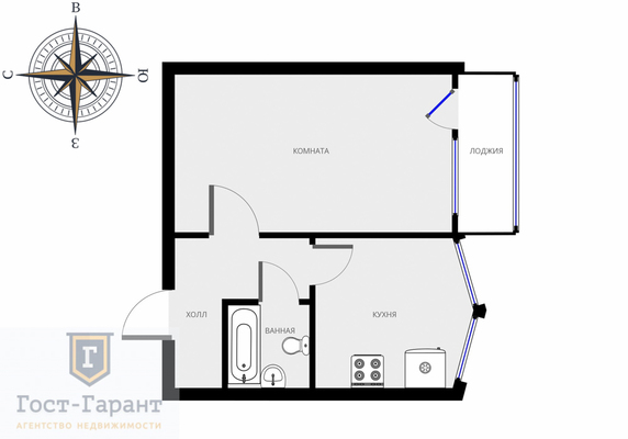 Адрес: Московская область, Ленинский район, деревня Бутово, Бутово парк, дом 18, агентство недвижимости Гост-Гарант, планировка: П-44Т, комнат: 1. Фото 12
