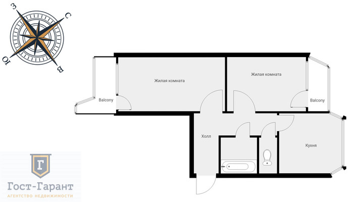 Адрес: Корнея Чуковского улица, дом 1, агентство недвижимости Гост-Гарант, планировка: П44К, комнат: 2. Фото 17